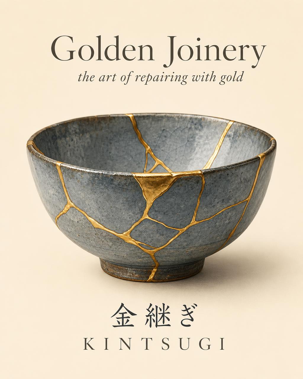 A grey ceramic bowl repaired with gold seams, labelled Golden Joinery — the art of repairing with gold — 金継ぎ Kintsugi