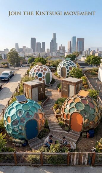 Colorful kintsugi-patterned pods and restrooms on a boardwalk site with the Los Angeles skyline at golden hour