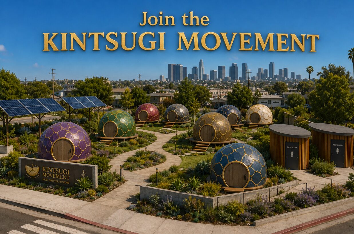 Join the Kintsugi Movement — a village of kintsugi-patterned sleeping pods, solar panels, and restrooms under a bright blue sky with the Los Angeles skyline