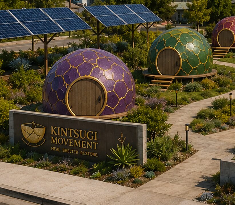 Kintsugi-patterned domed pods with solar canopies beside a Kintsugi Movement sign reading Heal, Shelter, Restore
