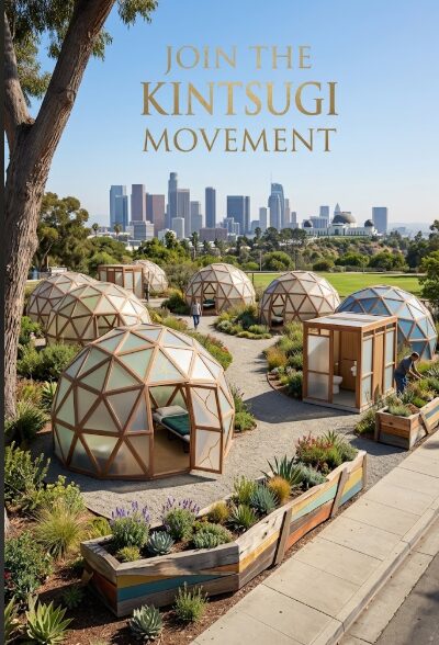 Geodesic sleeping pods with translucent panels set in a drought-tolerant garden with the Los Angeles skyline behind