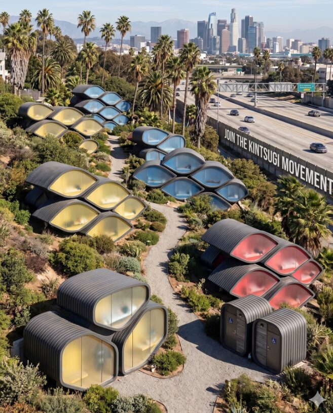 Aerial view of clustered pod modules with a Join the Kintsugi Movement mural along the freeway wall