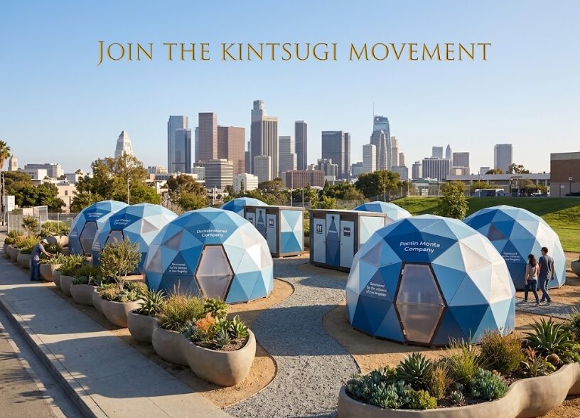 Geodesic pods in a landscaped Los Angeles park where volunteers and residents walk the paths